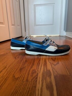Prada Men's Navy and Light Blue Leather Boat Shoes